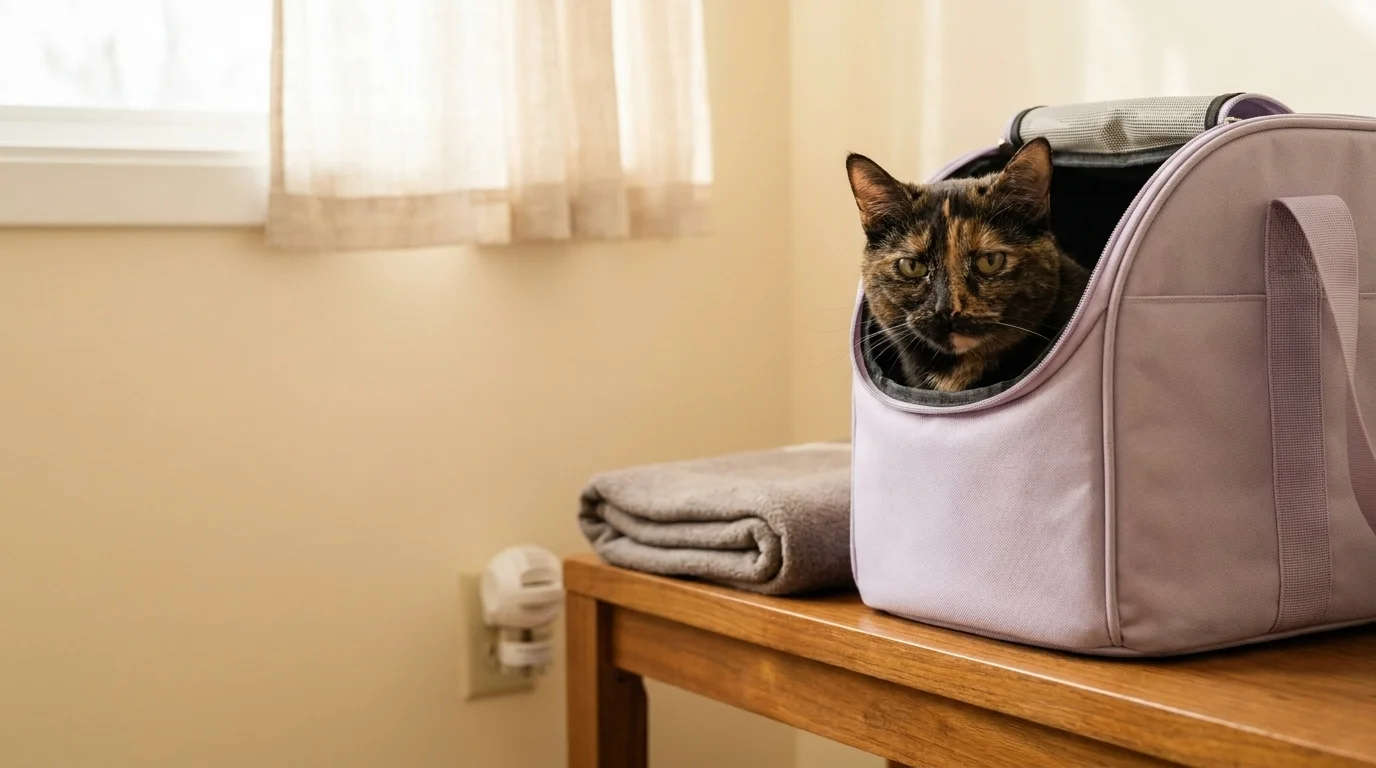 Tortoiseshell cat in a soft fabric carrier in a Fear Free clinic waiting area with a pheromone diffuser on the wall
