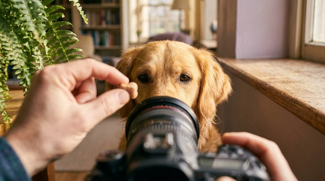 Hand holding a small treat beside a camera lens as a golden retriever stares intently toward it