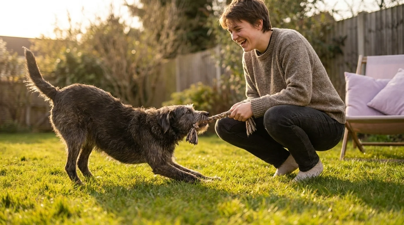 Low-angle view of a person playing tug-of-war on a grass lawn with a mixed-breed rescue dog in a play bow