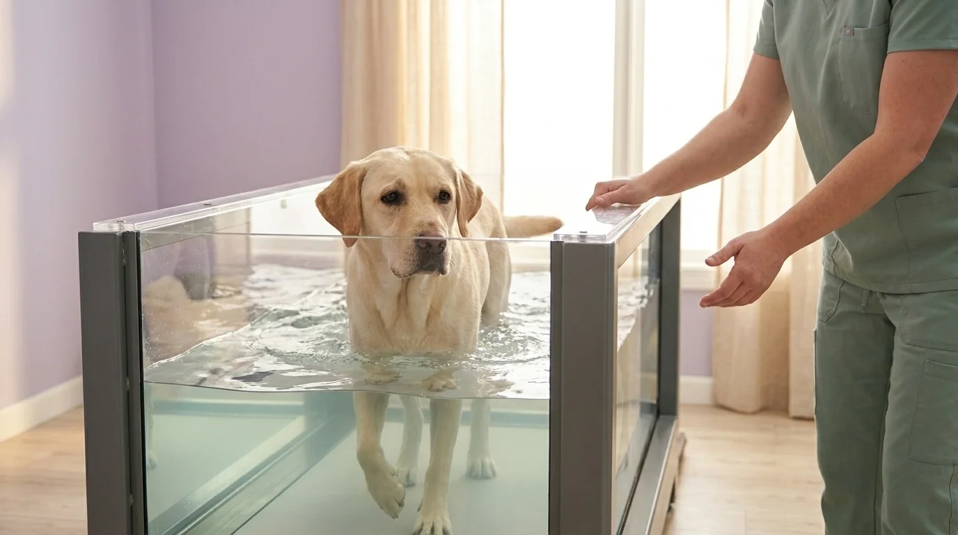 Yellow Labrador in an underwater treadmill hydrotherapy session, rehab therapist guiding — integrative pet care