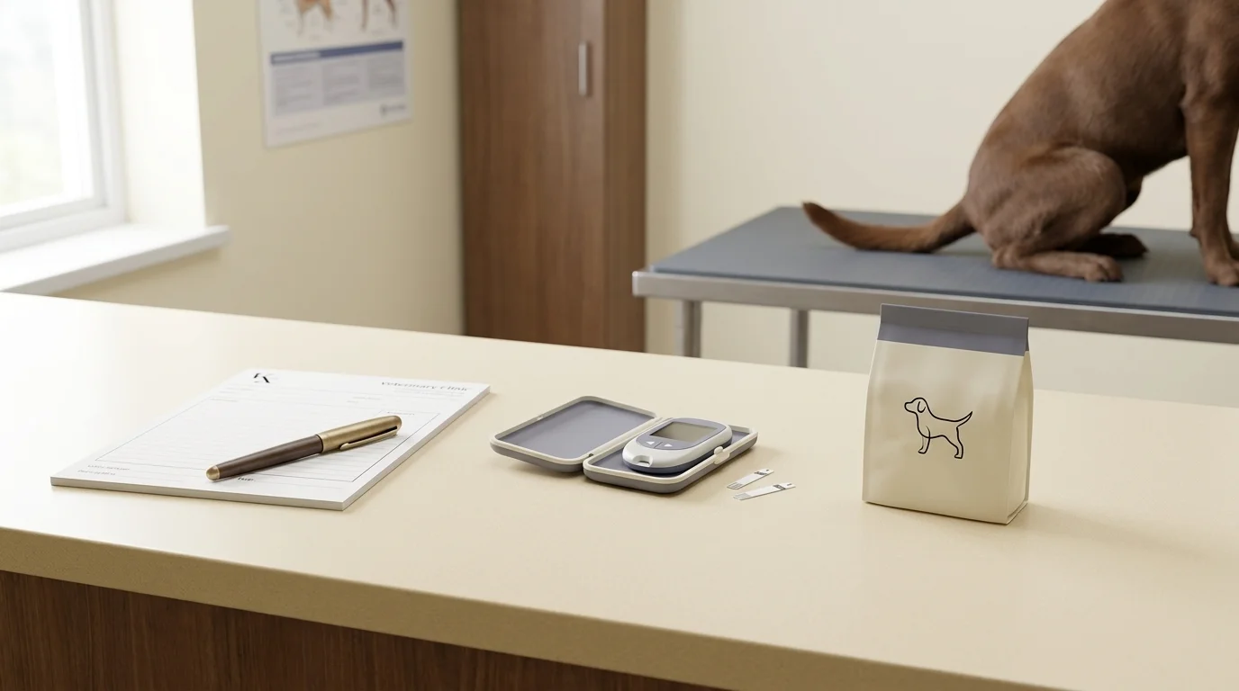 Vet exam-room countertop with a prescription pad, glucose-meter case, and a small bag of prescription veterinary diet