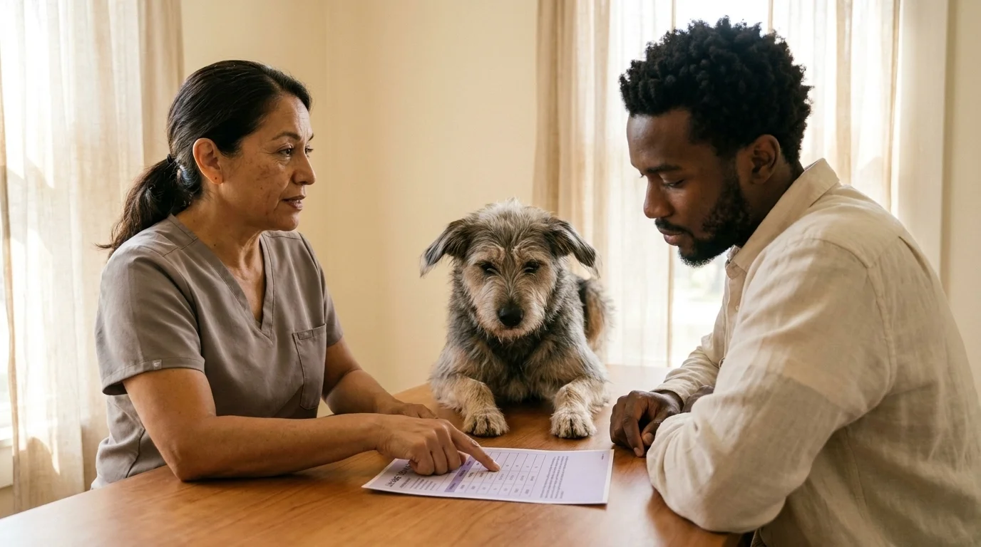 Veterinarian consulting with an owner over a printed lab report, a calm mid-sized dog sitting between them in a warm exam room