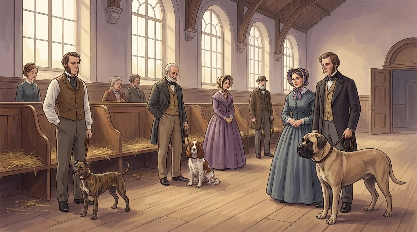 Victorian handlers in period dress presenting dogs on benched stalls in a grand hall at an early dog show