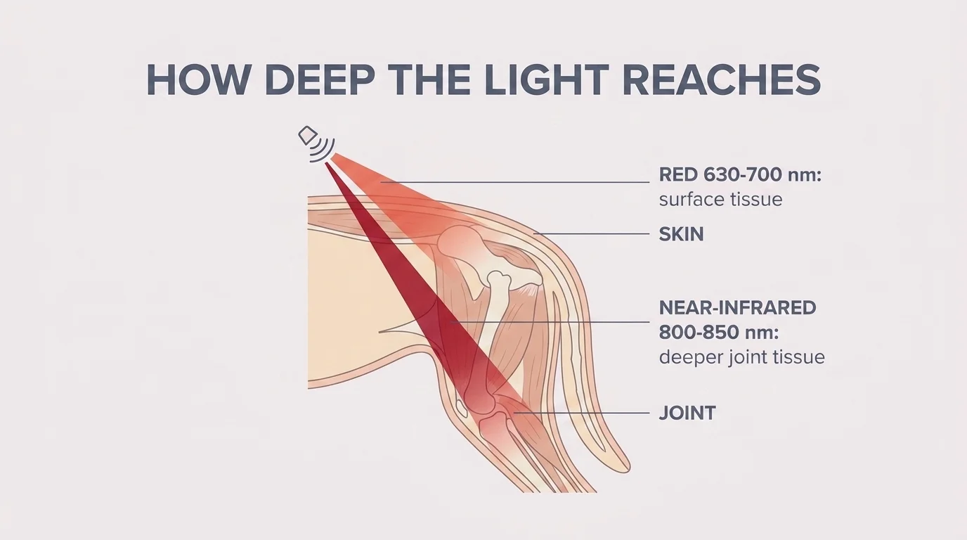 Cross-section diagram showing red light stopping at the skin and near-infrared reaching the deeper hip joint in a dog
