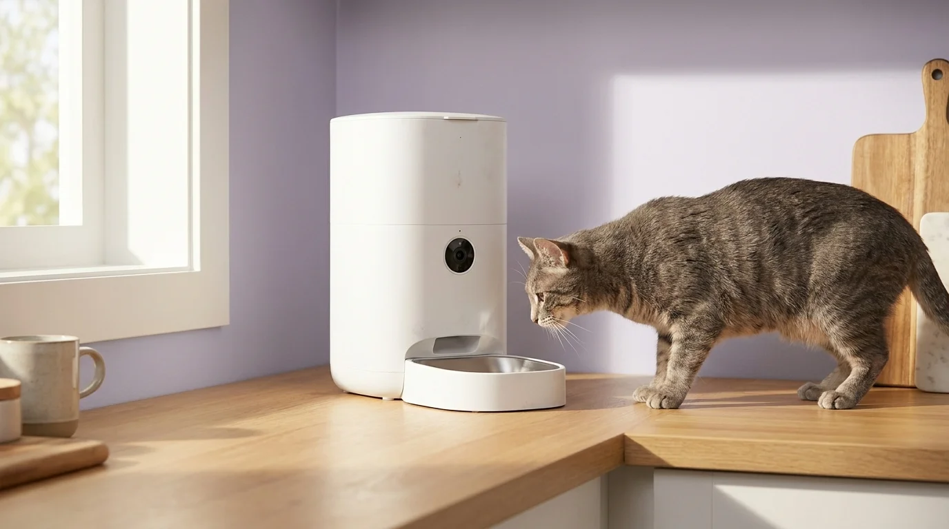 White automatic smart pet feeder with a built-in camera on a kitchen counter as a grey cat approaches