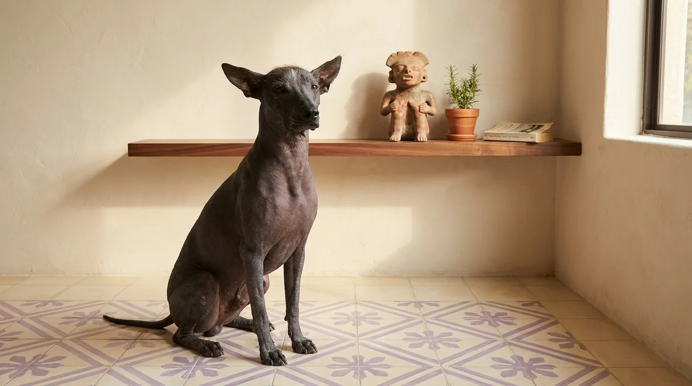 Smooth-coated Xoloitzcuintli sitting alert on a lavender-and-cream tiled floor beside a small pre-Columbian terracotta figurine on a wall shelf