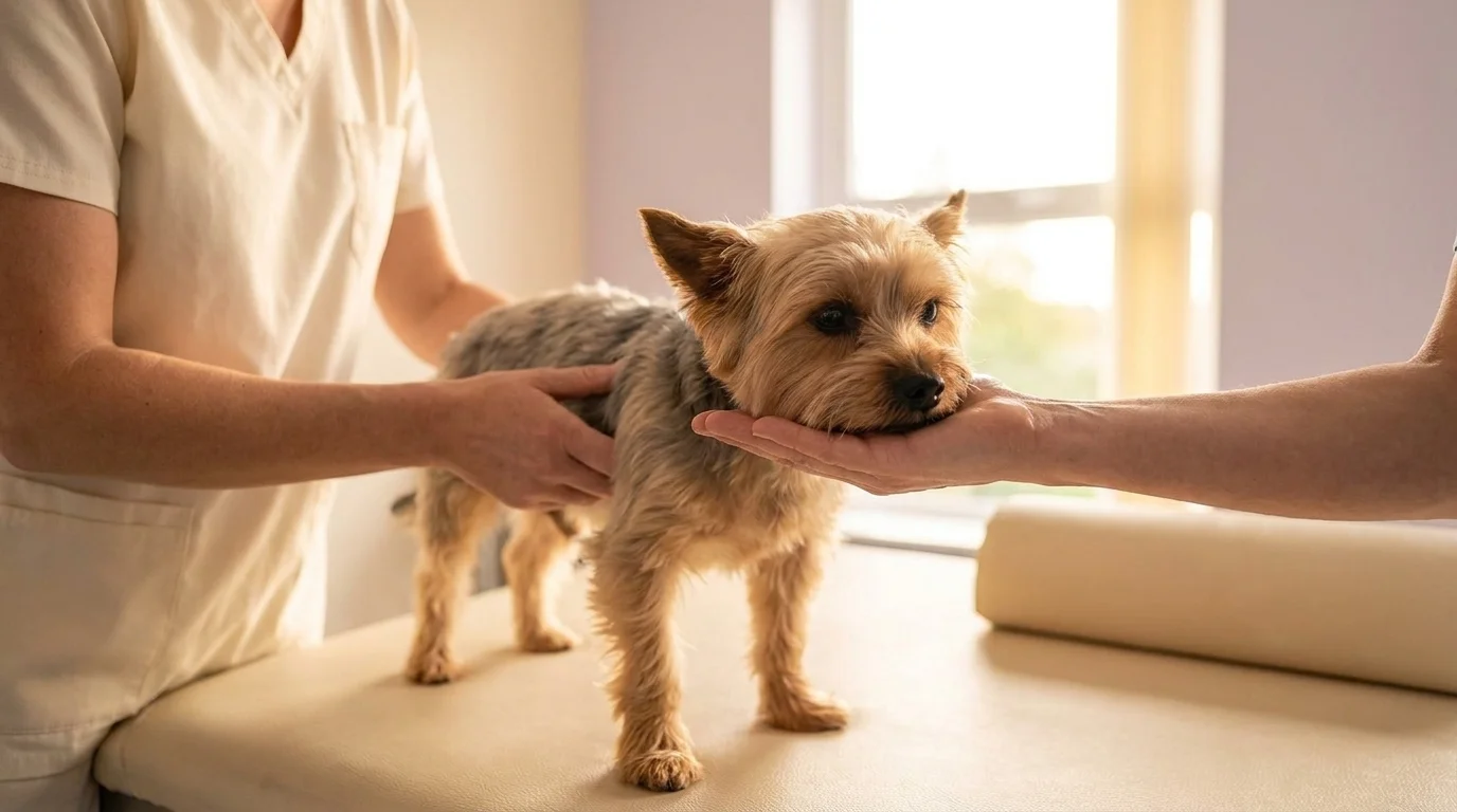 A Yorkshire terrier resting its chin on its owner's palm in a chin-rest while a vet gently examines its shoulder