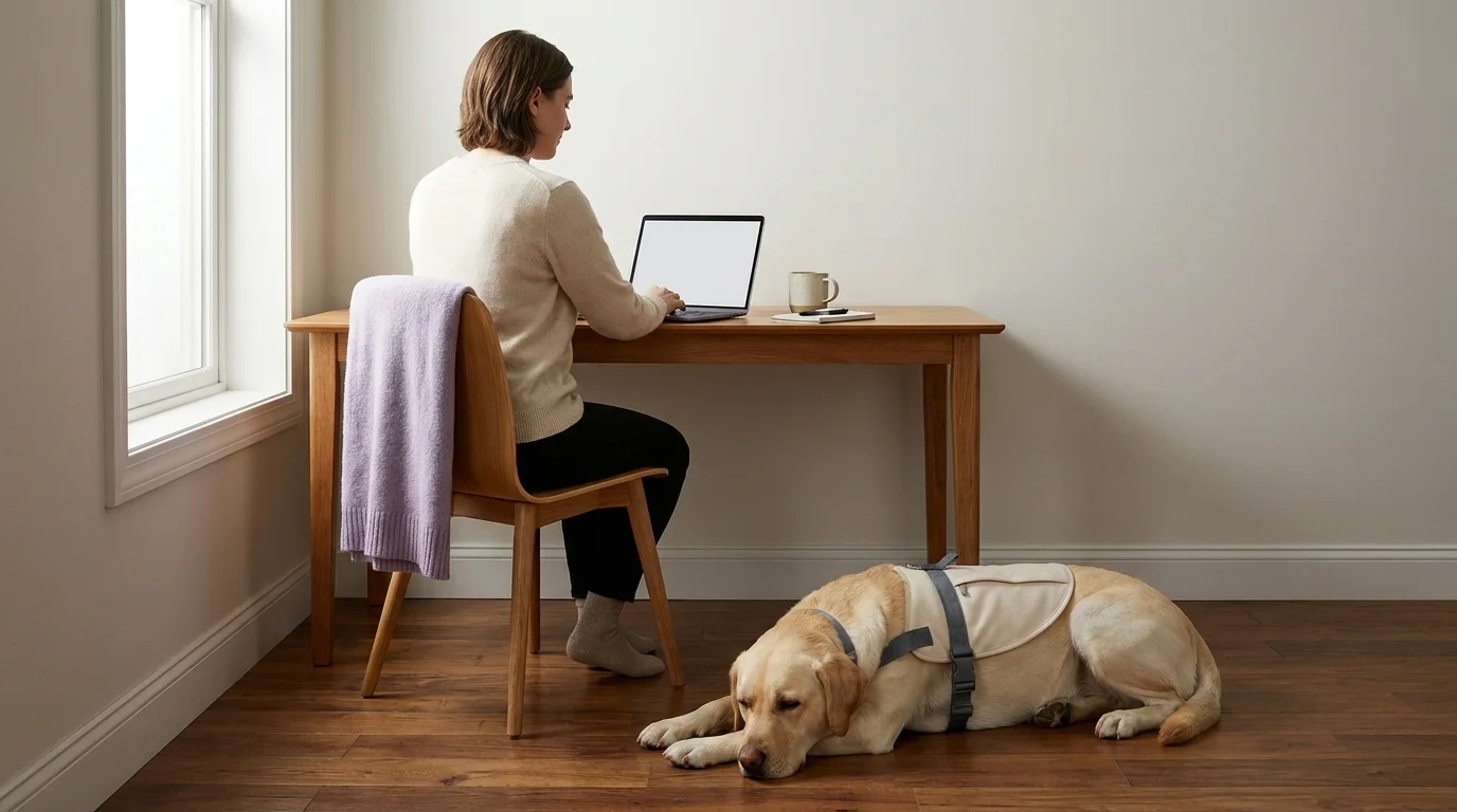 A young adult at a home workspace with a service-vested Labrador resting calmly beside the desk in soft natural light