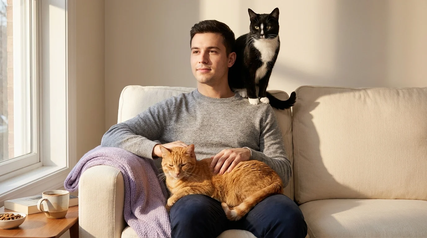 A young man in his late twenties on a couch with two cats — one in his lap, one on his shoulder — relaxed and unposed