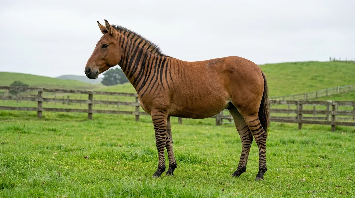 A zorse, a zebra and horse hybrid, in profile in a paddock: a chestnut-brown body with black zebra striping on the legs