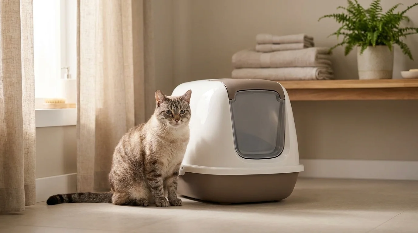 Cat sitting beside a clean covered litter box in a tidy, sunlit home bathroom