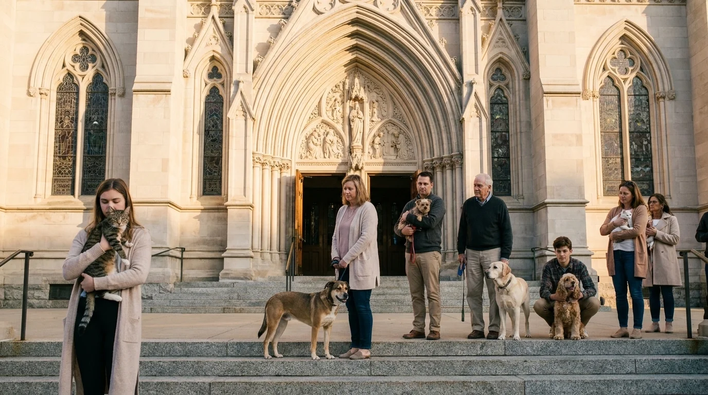 Pet owners with dogs and cats waiting on cathedral steps at golden hour during a Catholic pet-blessing service