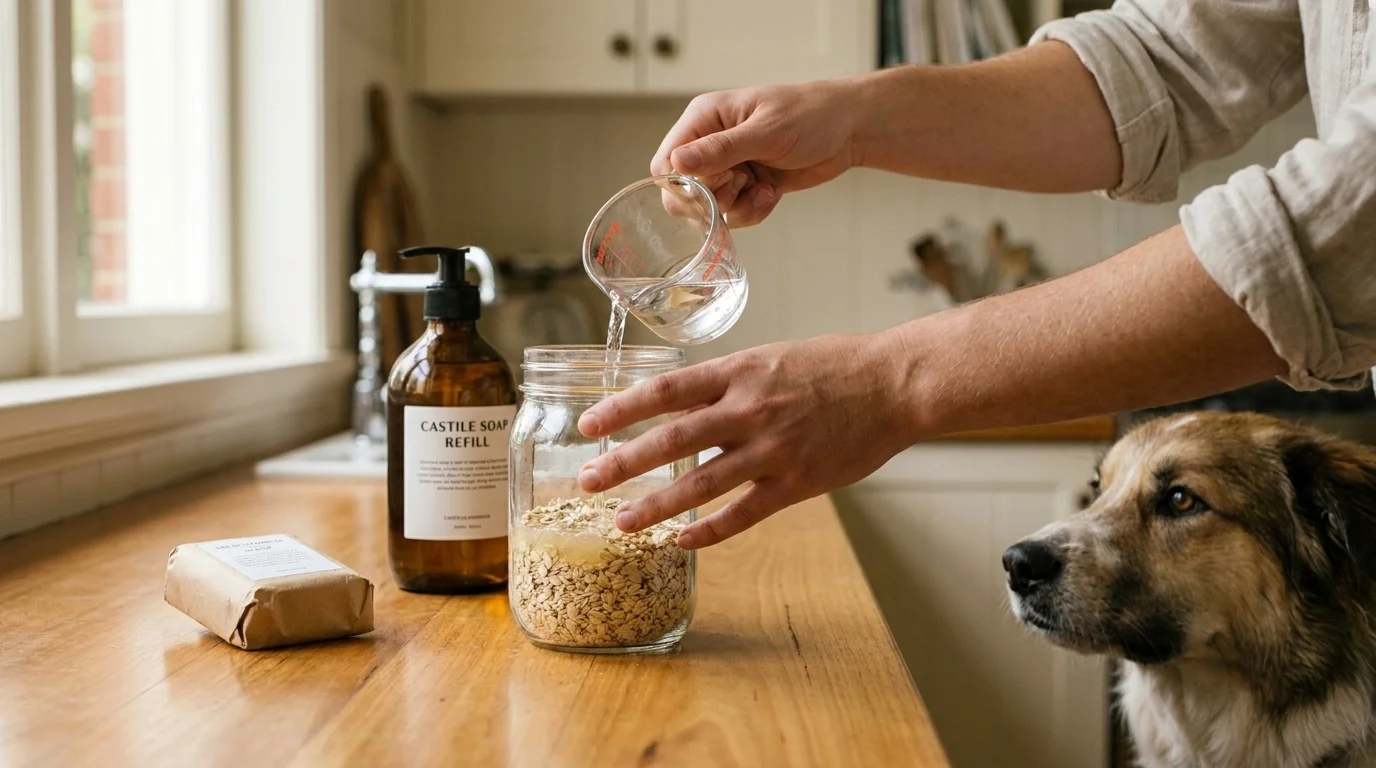 Person mixing DIY pet shampoo with oats and Castile soap in a glass jar on a kitchen counter, dog watching from the edge