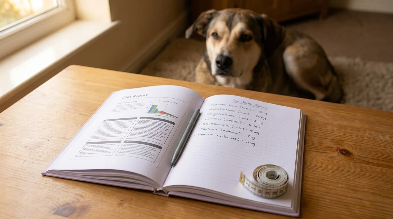 Open dog health journal on a wood table with a printed DNA summary, a medication list, and a measuring tape, calm dog behind