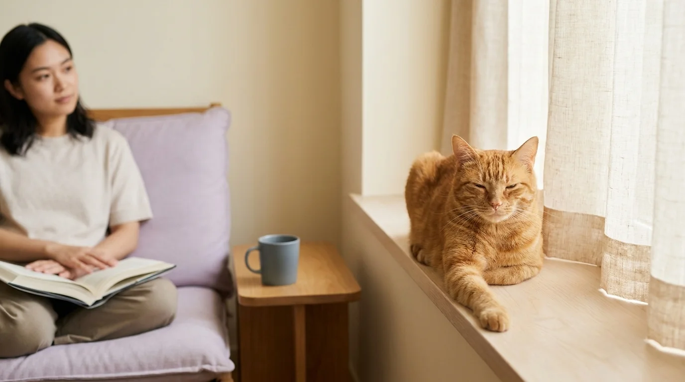 Domestic shorthair cat slow-blinking on a sunlit windowsill while the owner reads nearby without reaching for the cat