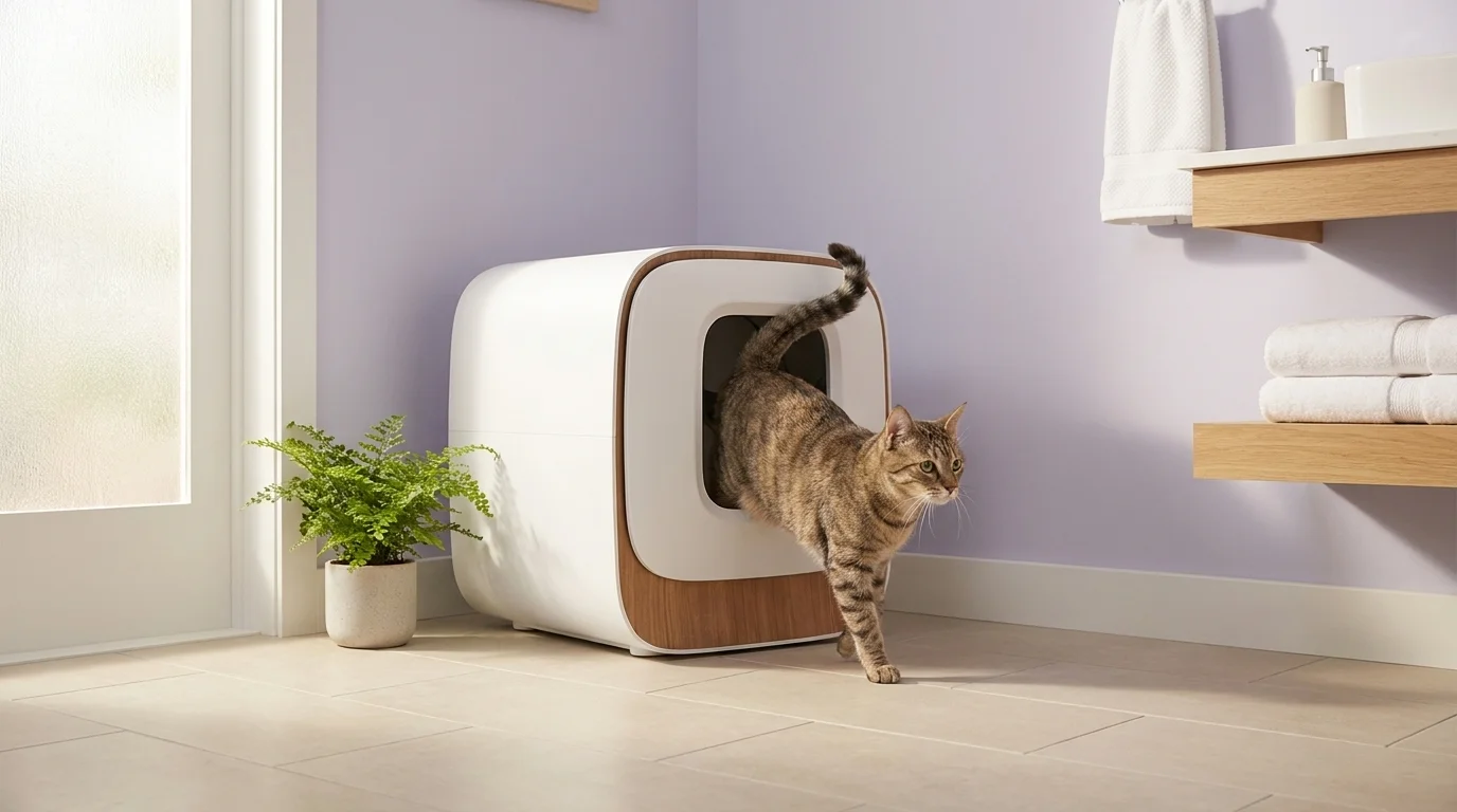 Calm tabby cat stepping out of a modern enclosed automatic litter box in a tidy bathroom corner