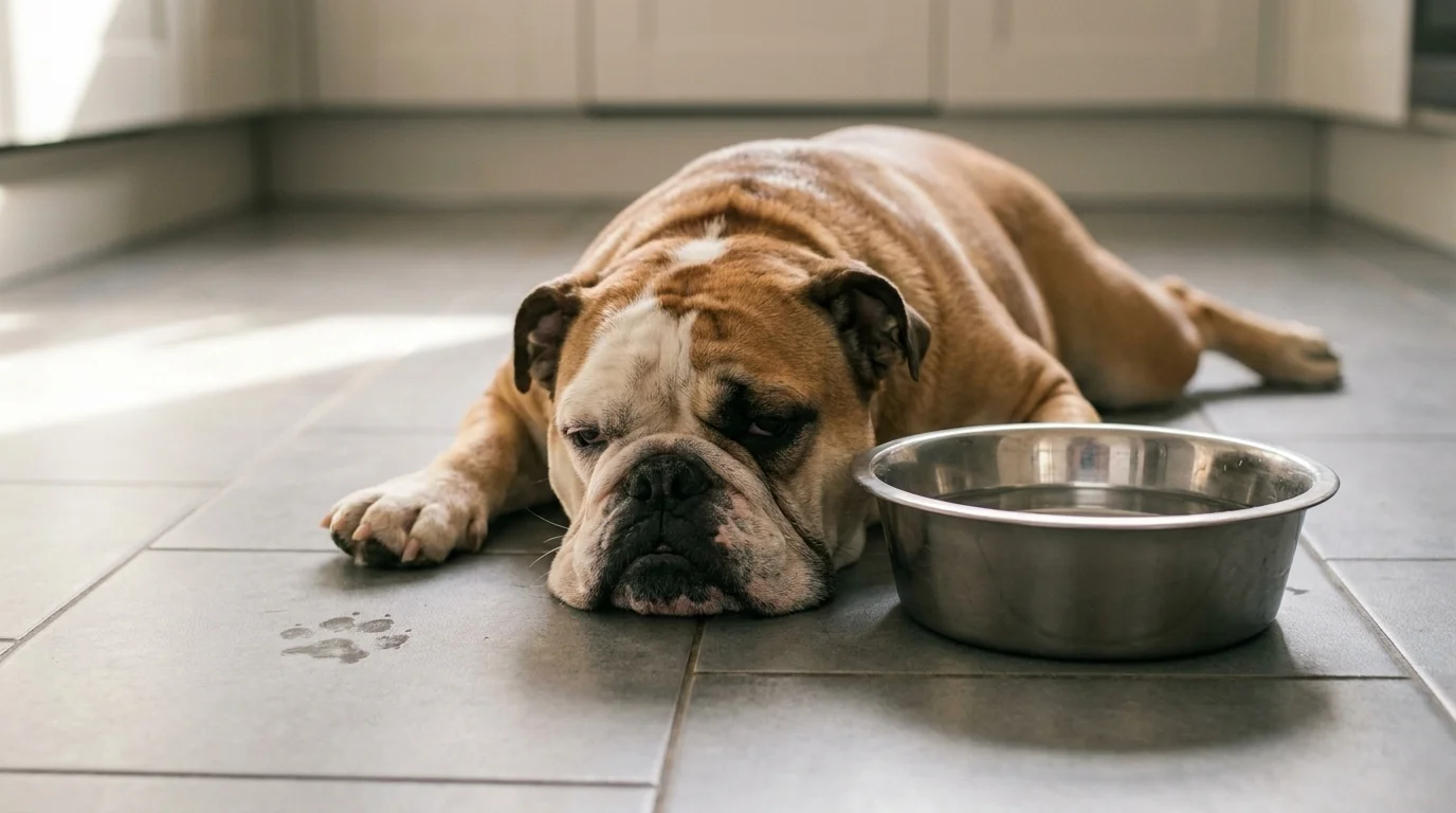 English Bulldog flat on cool grey tile beside a stainless-steel water bowl, jowls slack, eyes half-closed in recovery