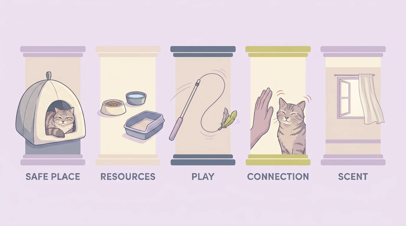 Horizontal infographic showing the AAFP five pillars of feline welfare: safe place, resources, play, connection, scent