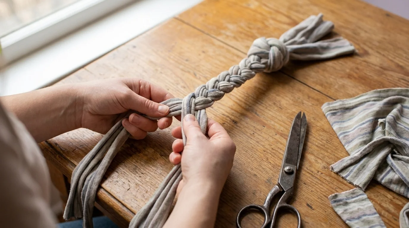 Hands braiding strips of a faded striped T-shirt into a knotted DIY rope tug toy on a wooden table