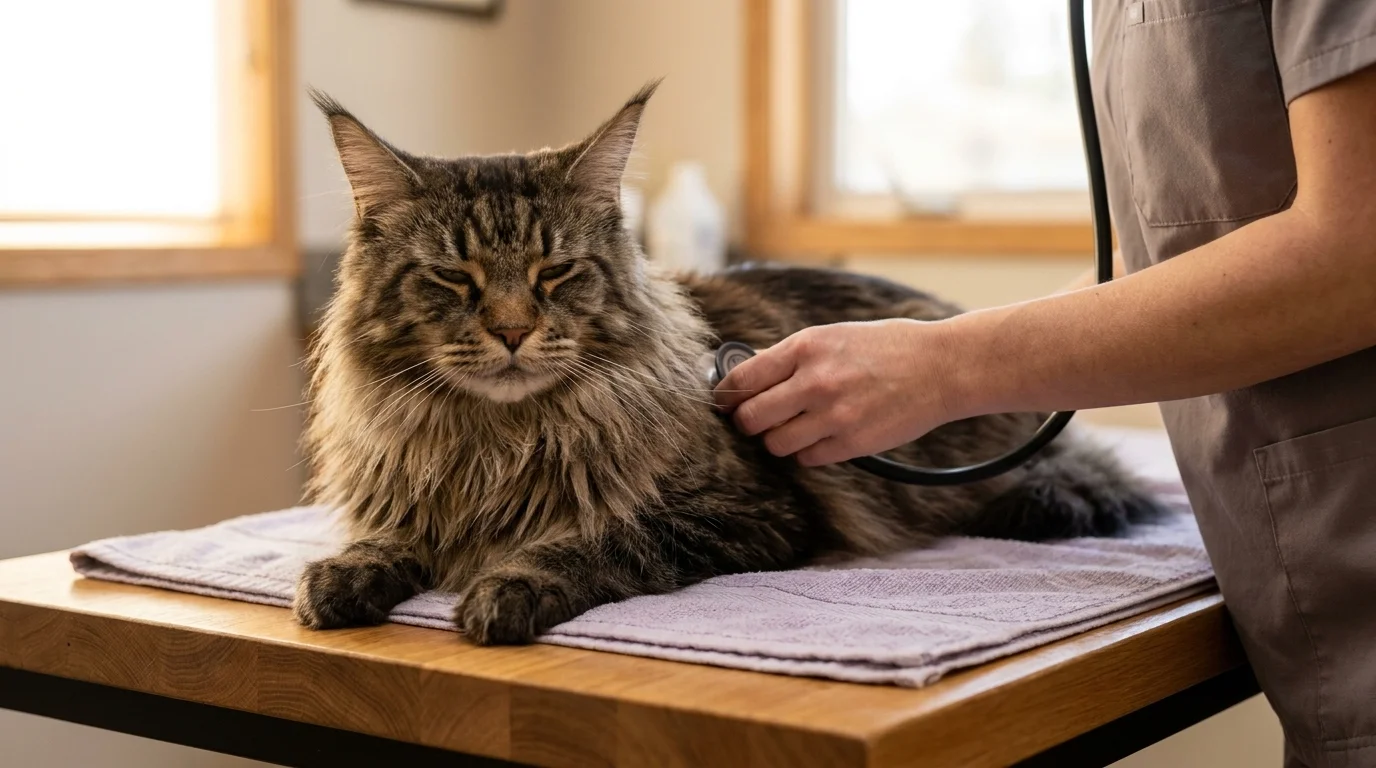 Maine Coon cat lying calmly on a wooden veterinary exam table while a vet places a stethoscope on its chest