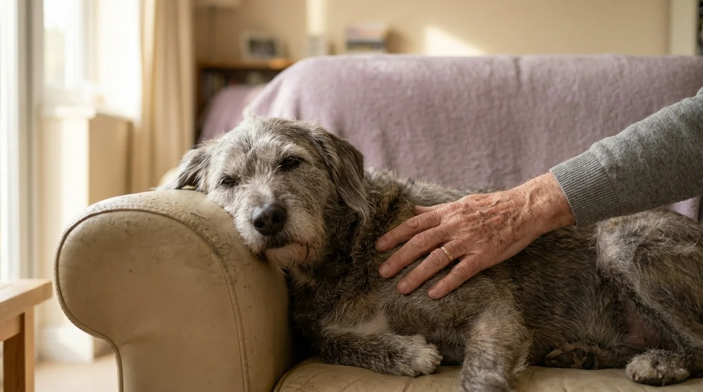 Older dog resting on a worn couch in soft afternoon light with a person's hand gently on its side