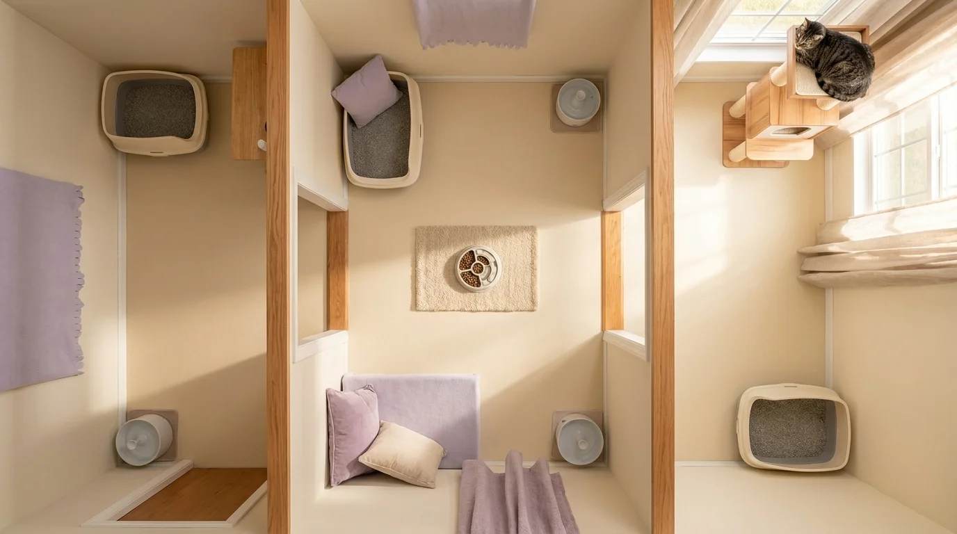 Overhead view of a cat home with three litter boxes, a cat tree by the window, two water fountains, and a feeding puzzle