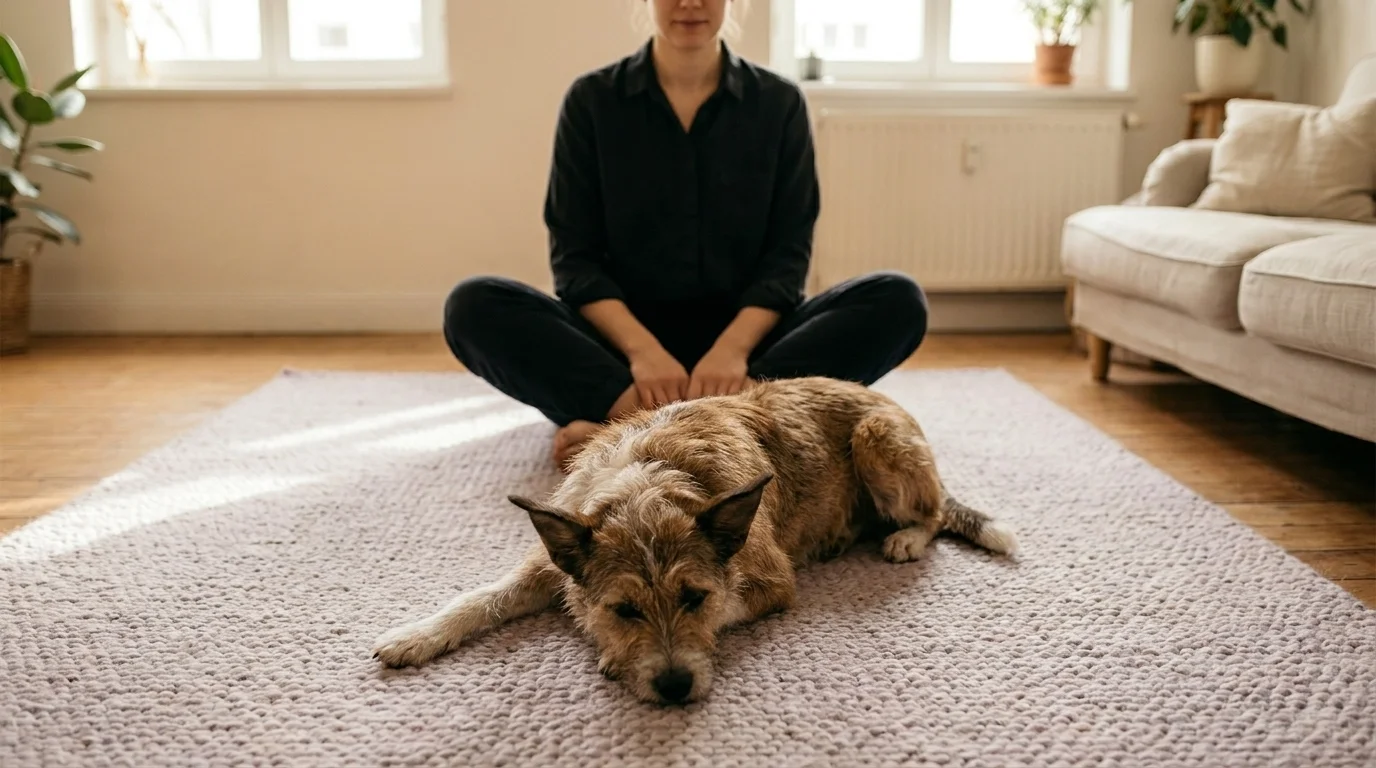 Overhead view of a person sitting cross-legged on a rug observing a relaxed mixed-breed dog in a softly lit living room