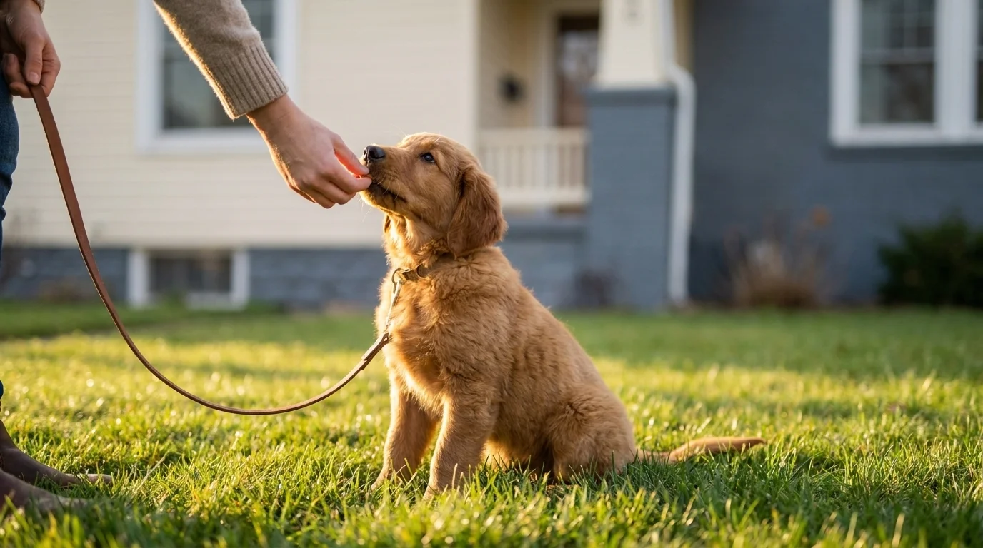 An owner crouching to hand a puppy a treat on a suburban lawn right after it finishes outside