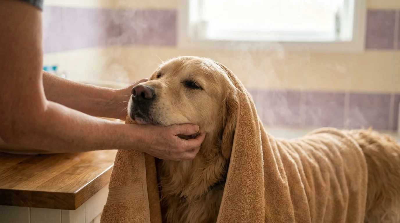 Owner gently towel-drying a calm long-haired dog wrapped in a soft towel after a bath