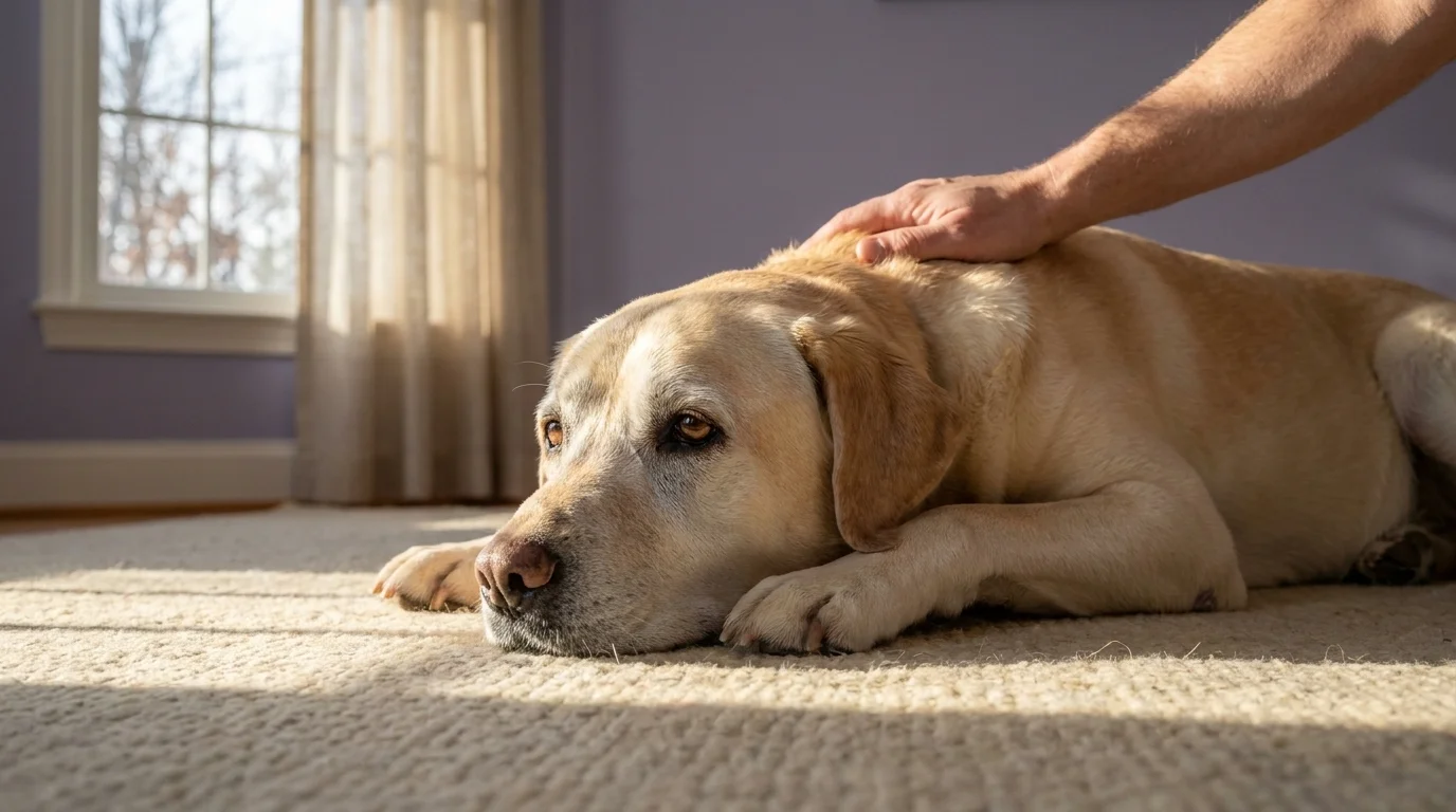 Aging yellow Labrador with silvered muzzle on a living-room rug in late-afternoon light — pet memorial legacy session
