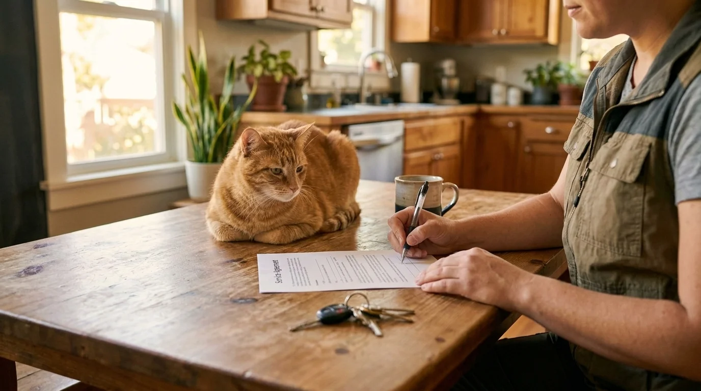 Pet sitter signing a printed service agreement at a kitchen table while a relaxed cat sits nearby