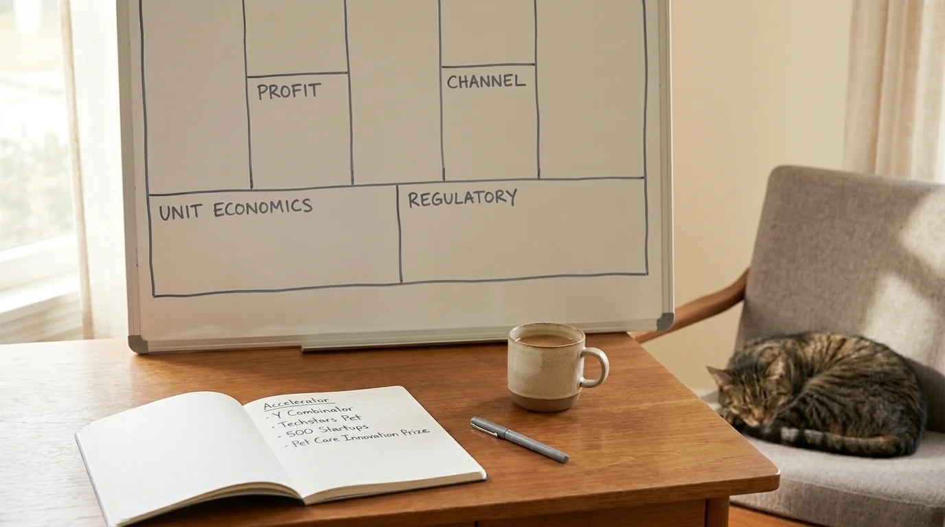 Pet-tech startup workspace with a business model canvas whiteboard and a sleeping cat on a chair in soft focus background