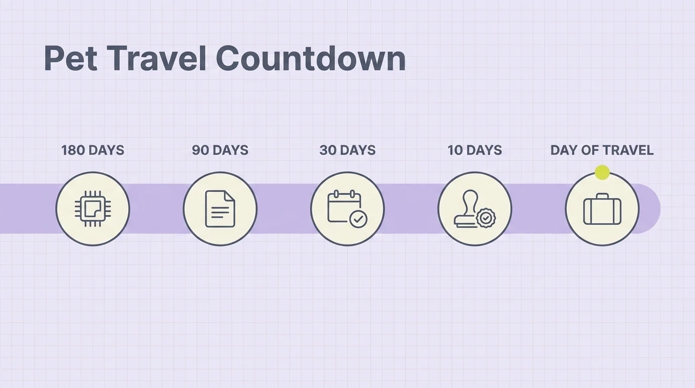 Five-milestone pet travel timeline at 180 days, 90 days, 30 days, 10 days, and day of travel with icons