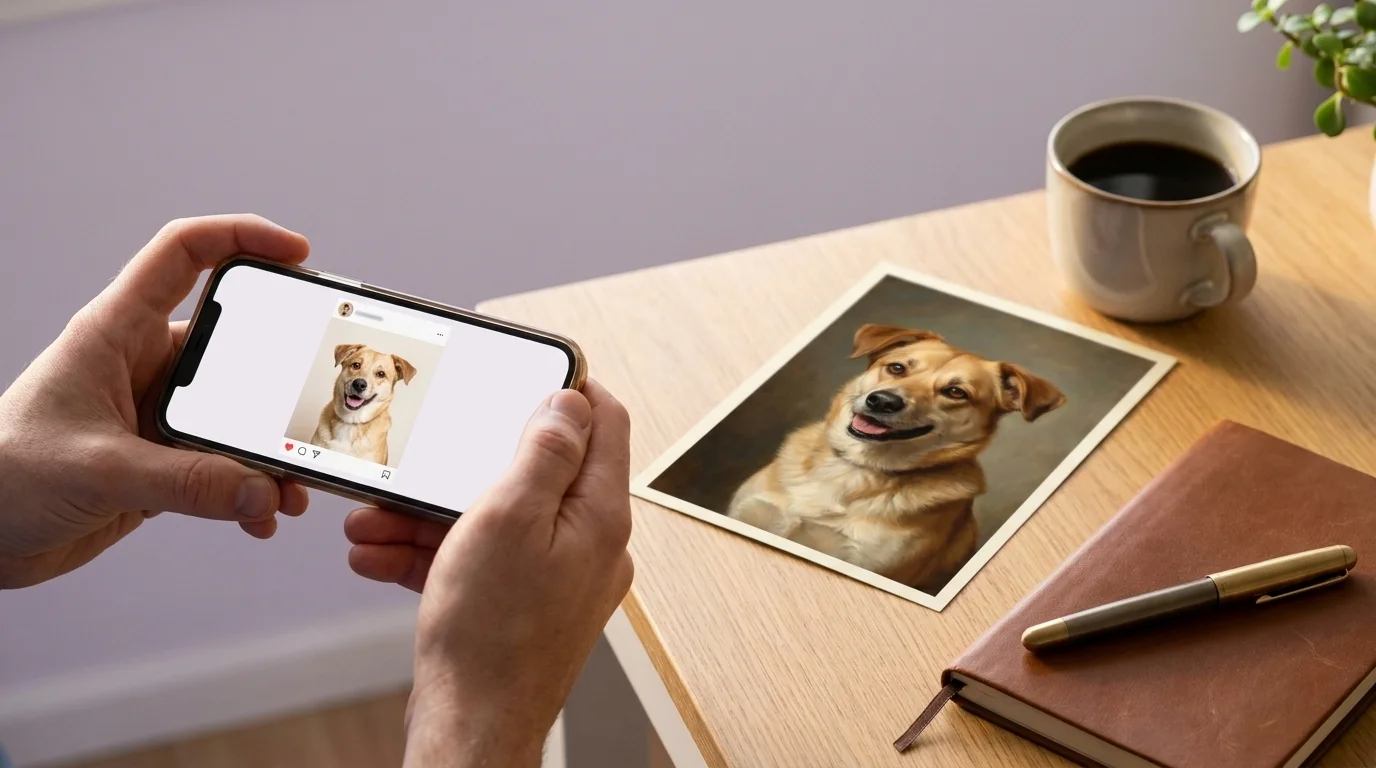 Hand holding a phone showing an Instagram pet account at a kitchen table beside a printed AI-generated pet portrait
