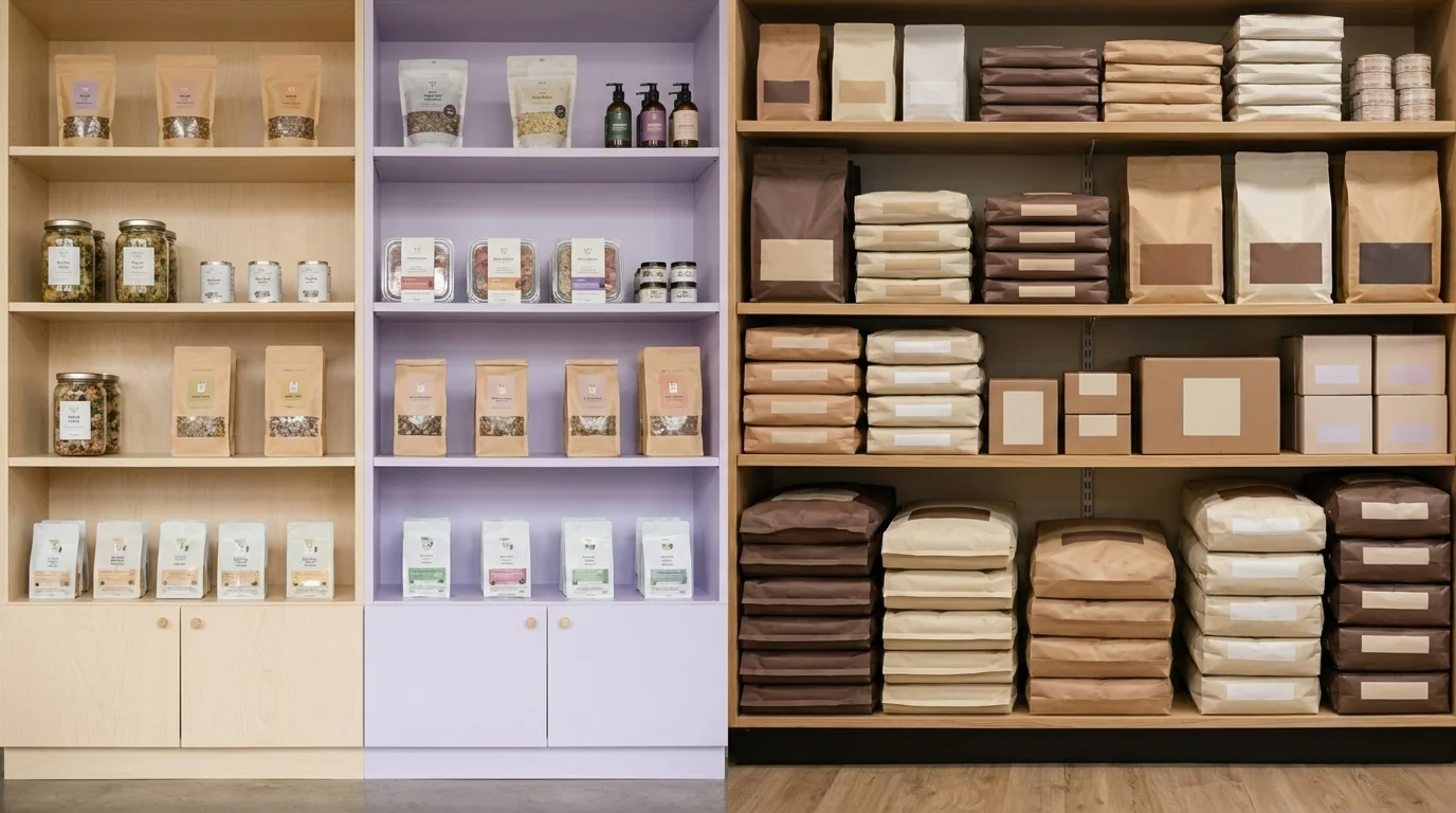 Two pet-product retail shelves side by side, one premium fresh-food display and one value bulk-discount display