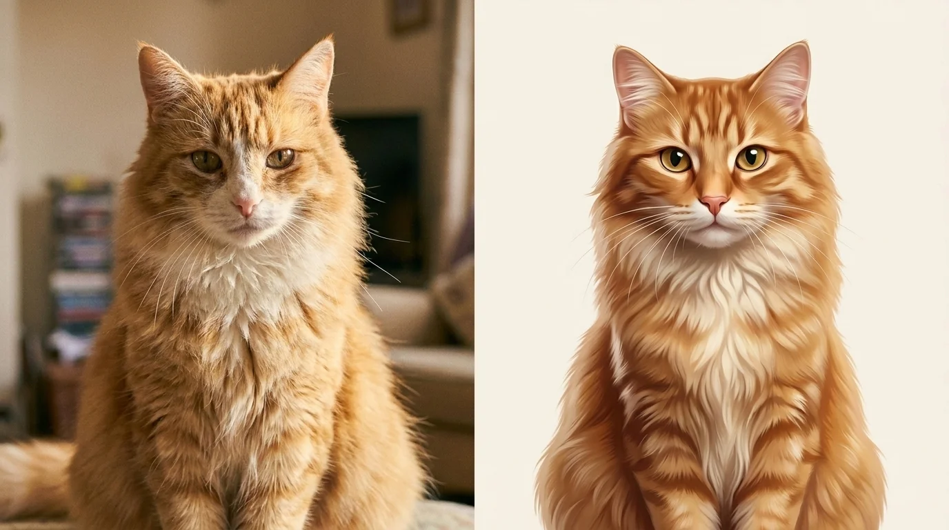Split image of a fluffy cat: a real candid photograph on the left, a stylized AI-generated portrait on the right
