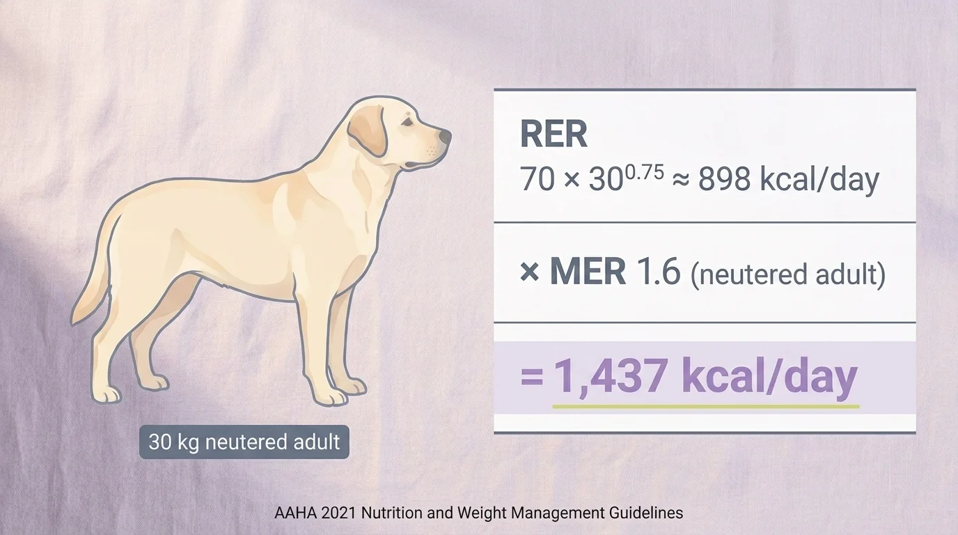 Daily calorie math for a 30 kg neutered Labrador: RER 898 kcal × MER 1.6 = 1,437 kcal per day, AAHA 2021 framework