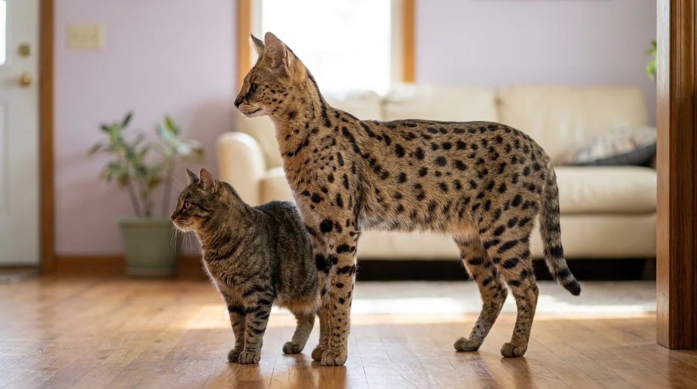 A tall spotted savannah cat towering beside an ordinary tabby on a living-room floor, showing the hybrid cat's size