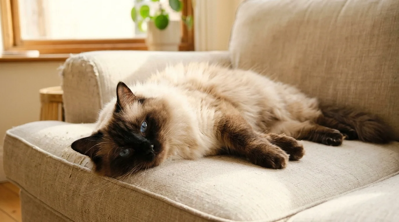 Seal-point Ragdoll with vivid blue eyes lying floppy and sprawled on a pale linen sofa, one of the cutest cat breeds