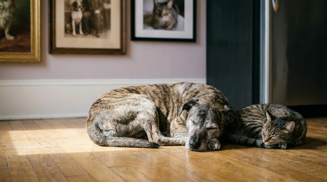 A senior dog asleep in a pool of window light on a hardwood floor with a tabby cat resting nearby