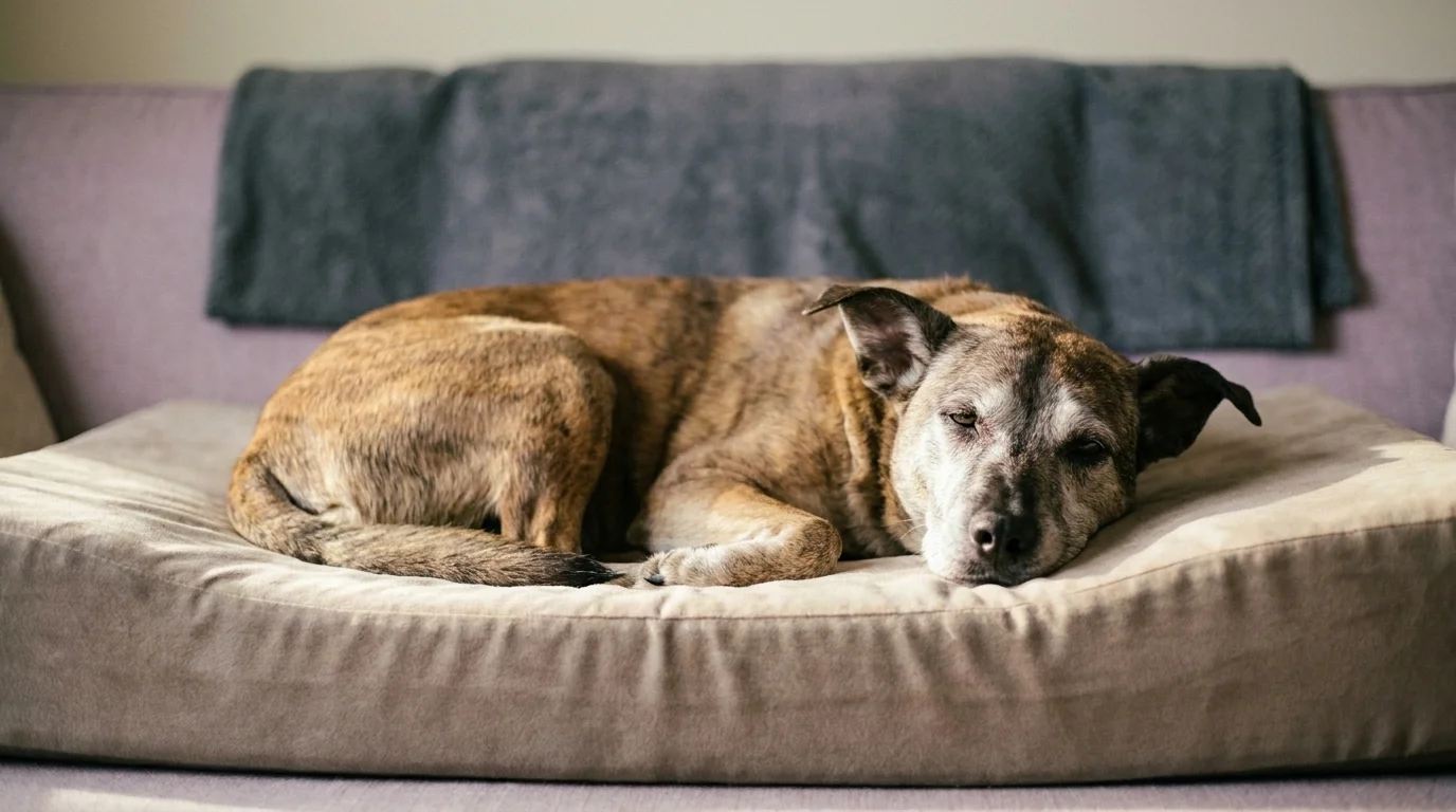 Senior dog resting with eyes half-closed on a thick orthopedic foam bed in warm window light