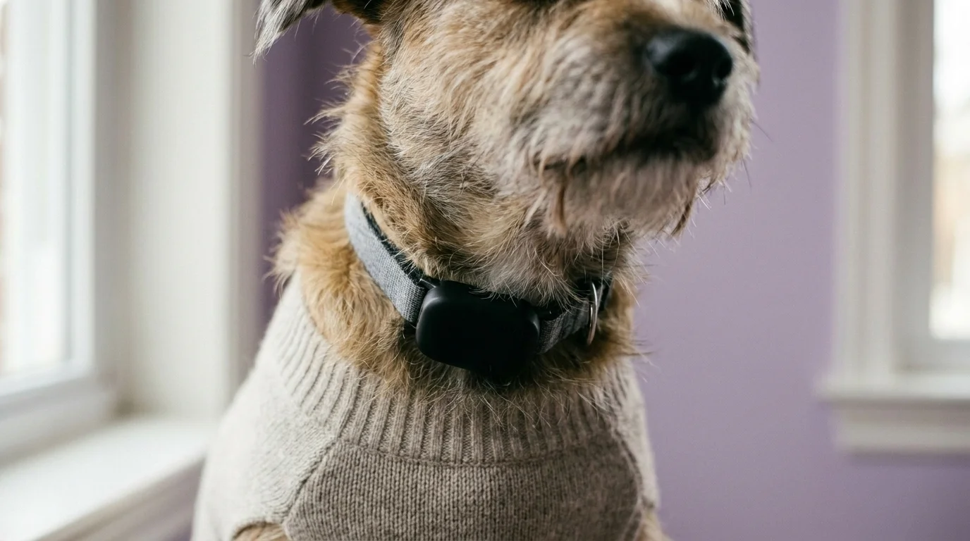 Senior dog wears a slim GPS tracking collar with a small black unit at the throat, its face softly out of frame