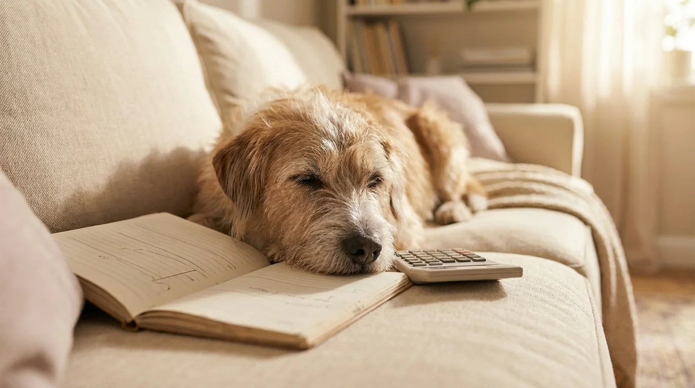 Senior grey-muzzled dog resting on a sofa beside an open household budgeting notebook and a calculator