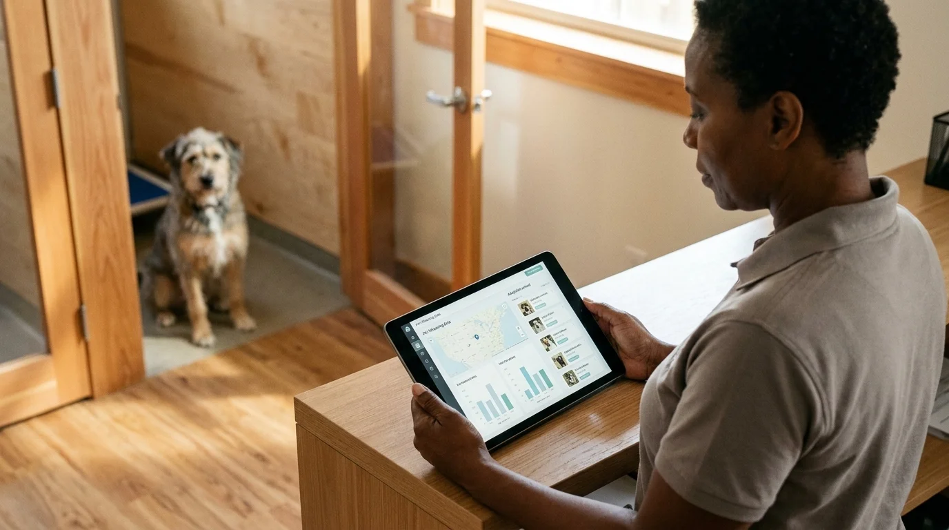 Shelter manager reviewing a tablet with a pet-lifesaving data dashboard at an intake desk, adoptable dog in soft focus