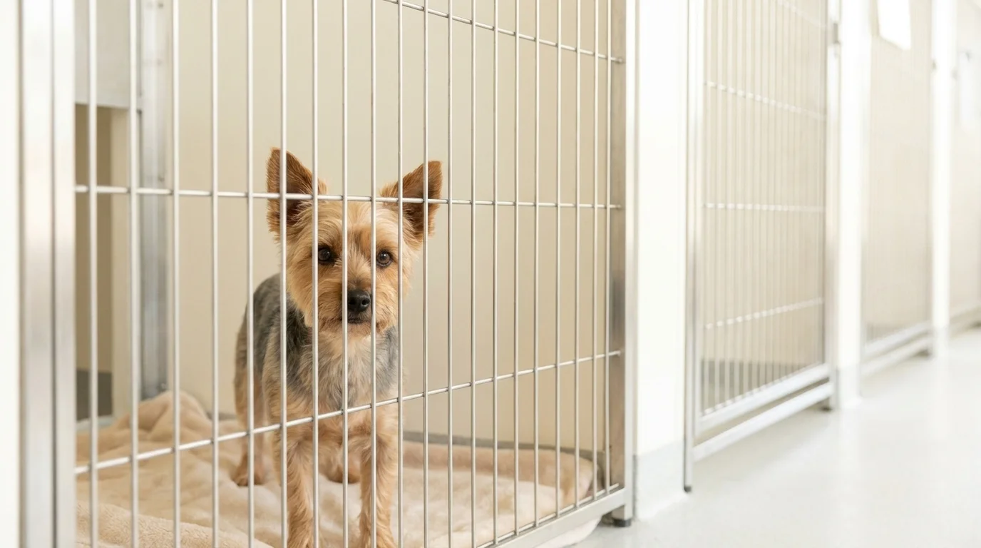 Small dog looking out calmly through the mesh door of a clean, bright animal quarantine kennel