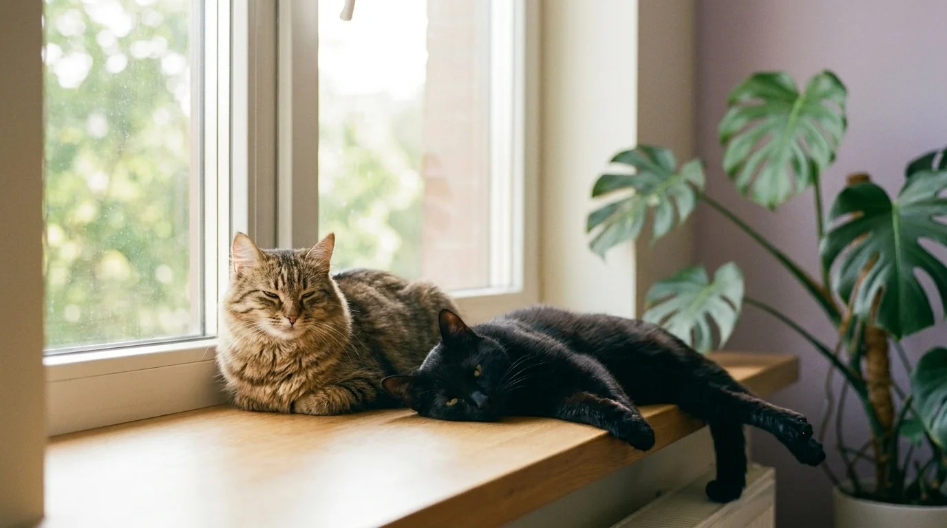 A tabby and a black cat lounging together on a sunny windowsill in a modern apartment