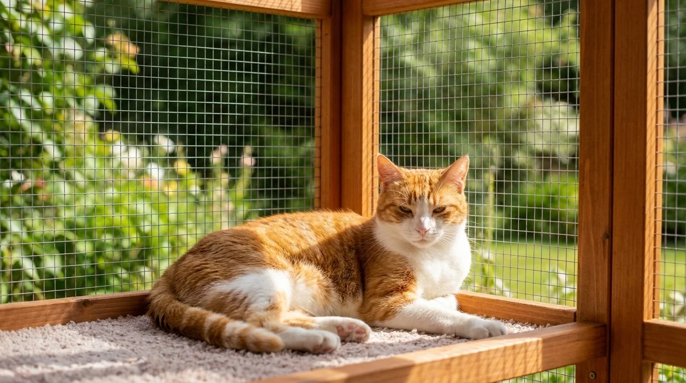 Relaxed ginger-and-white cat lounging in a wooden-framed mesh catio with a green garden beyond