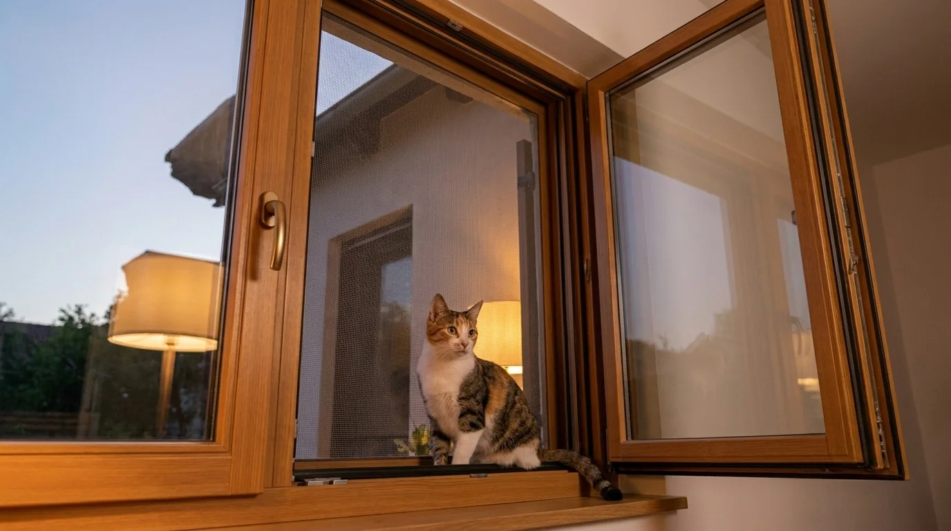 Curious tabby cat sitting safely behind a cat-proof mesh screen on an open tilt-and-turn window at dusk