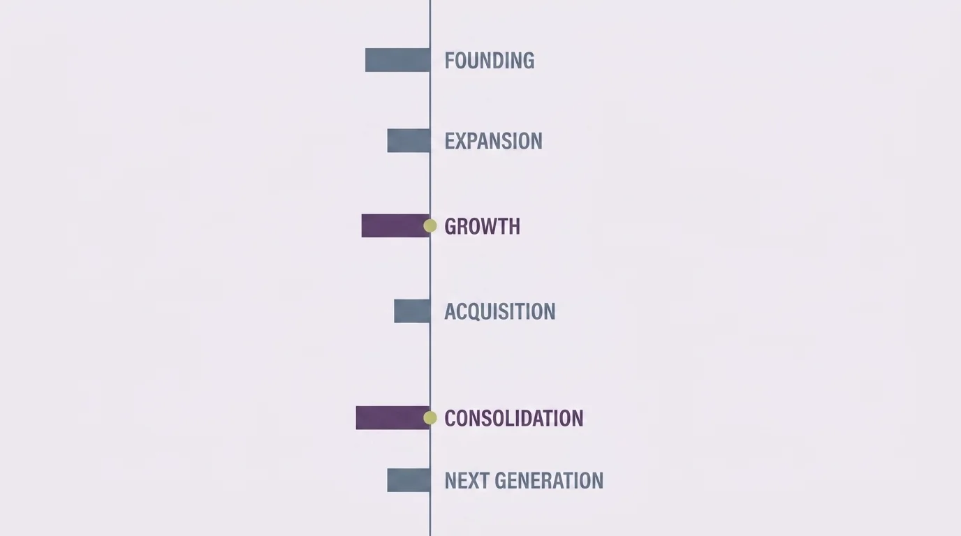 Vertical timeline graphic of pet industry milestones from founding eras through market growth in lavender and slate