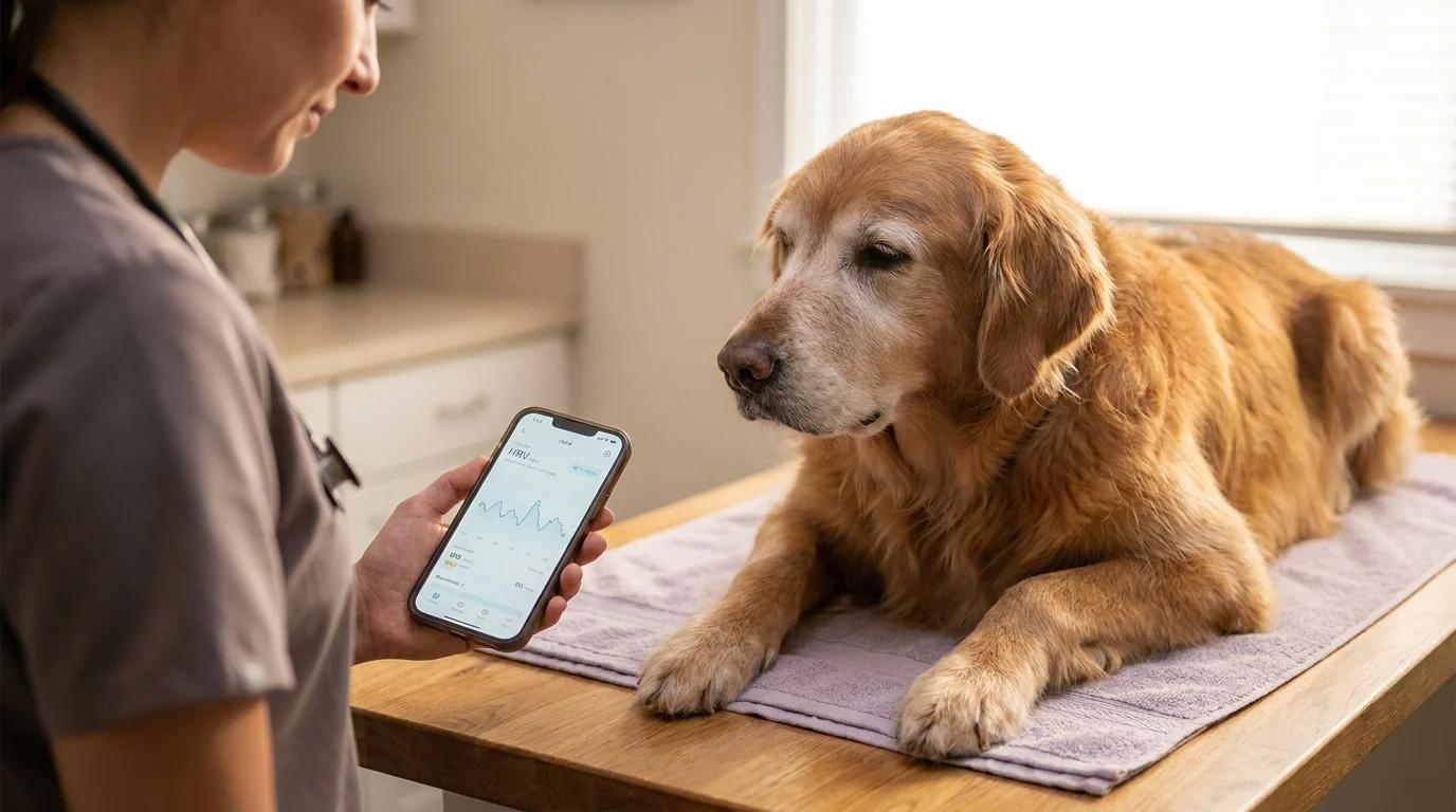 Vet reviewing a smartphone health-data graph beside an attentive senior golden retriever resting on a warm exam table
